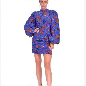 Rhode Royal Vichy Rose Luke Mini Dress Puff Sleeve‎ Blue Floral Mock Neck Size 6